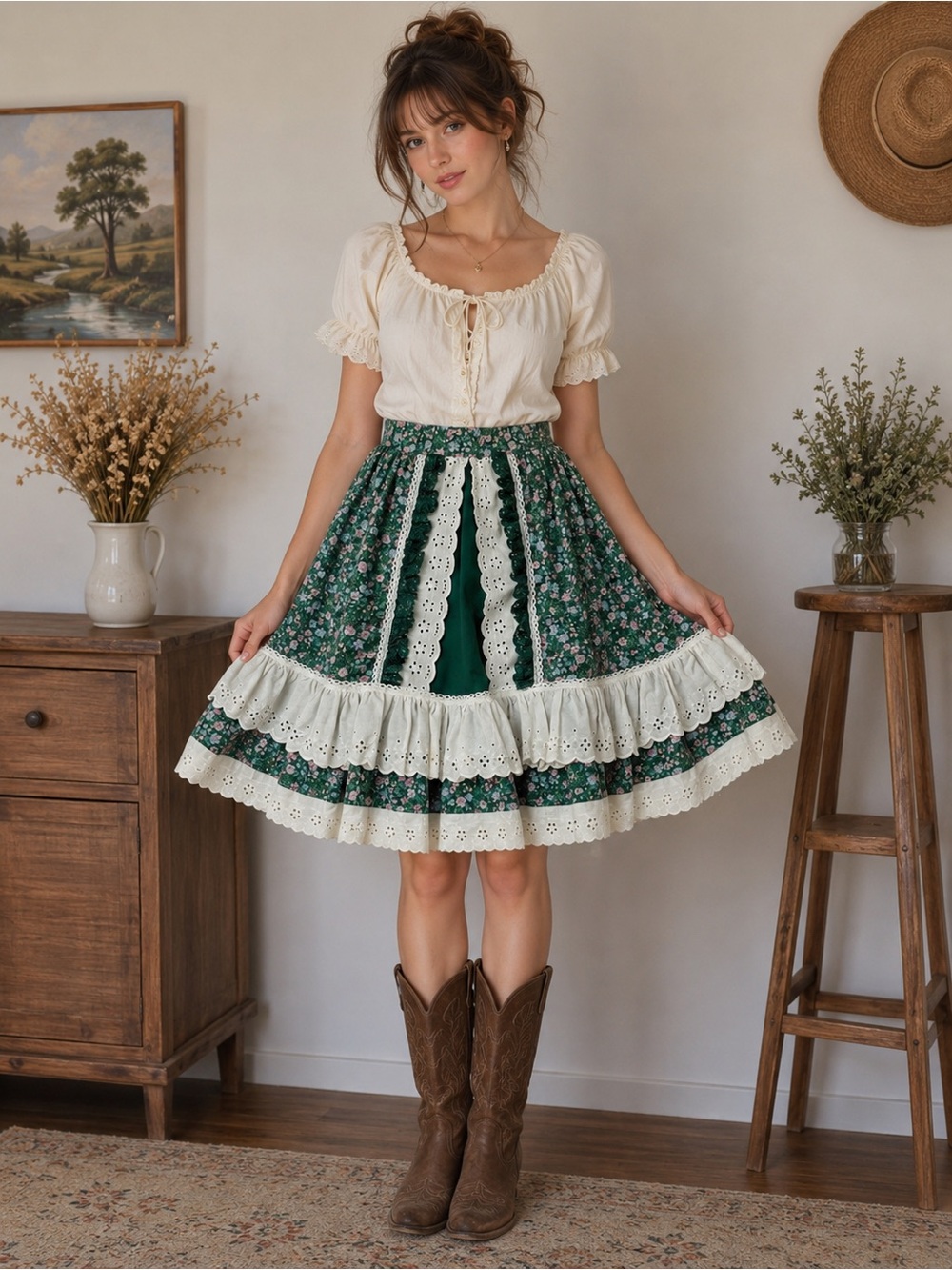 Vintage Fun & Fancy Originals Prairie Skirt Floral M/L eyelet Square Dancing P